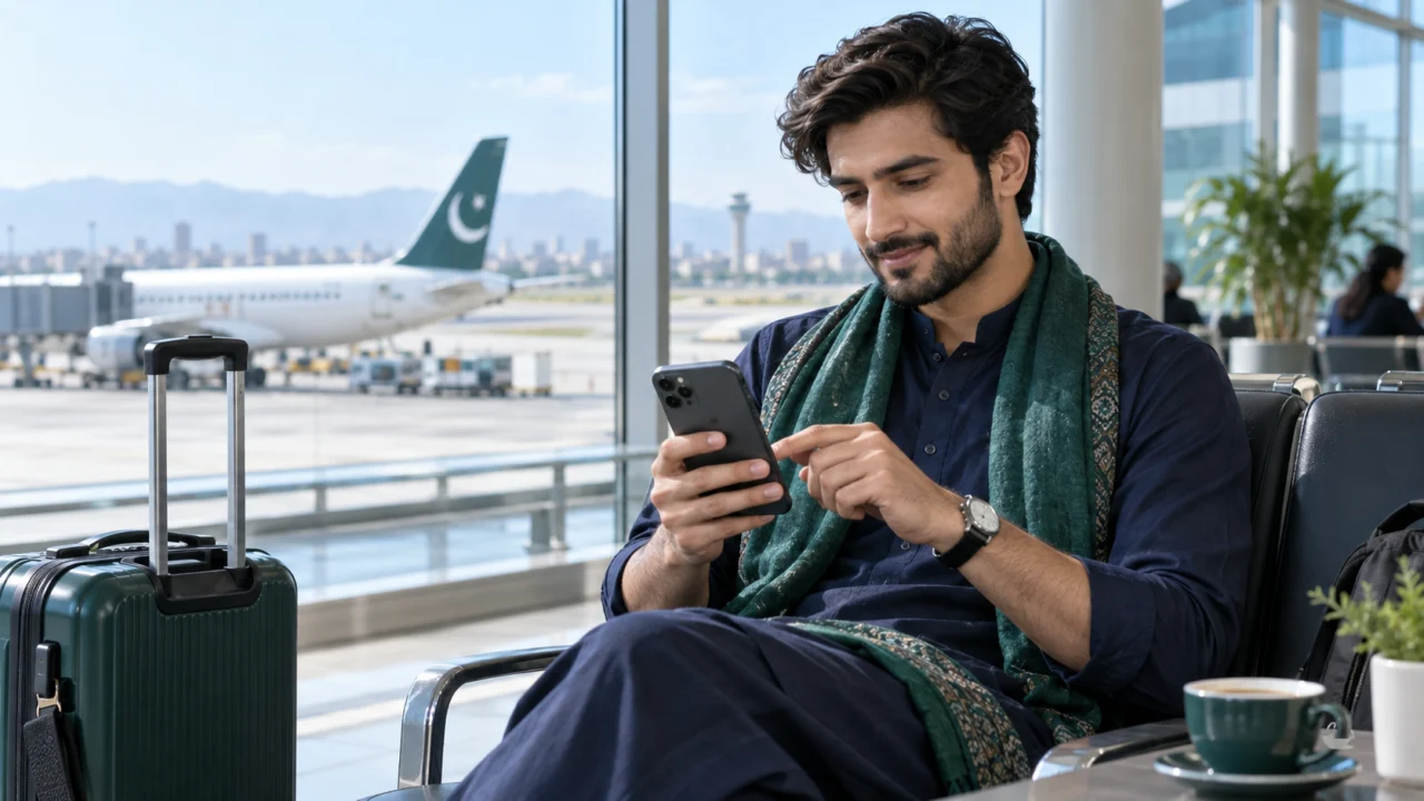 Pakistani traveller setting up mobile data at an airport