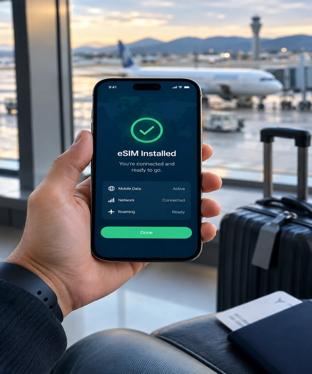 Phone showing successful eSIM installation at an airport